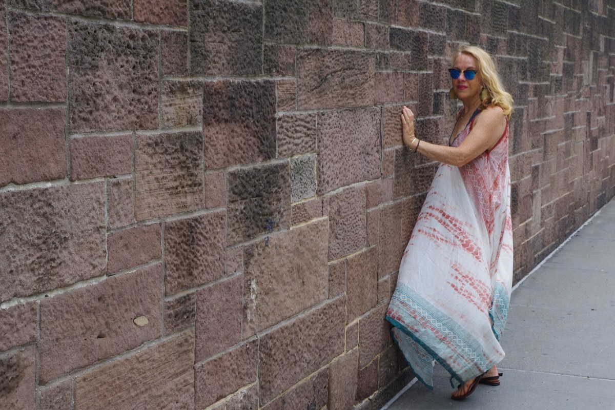 NYC stone wall with model